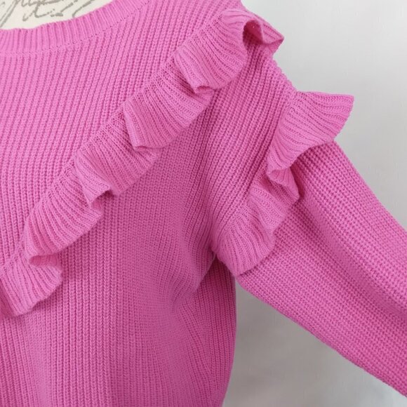 Express | Fuchsia Pink Ruffle Ribbed Oversized Sweater | Size S - Picture 2 of 6